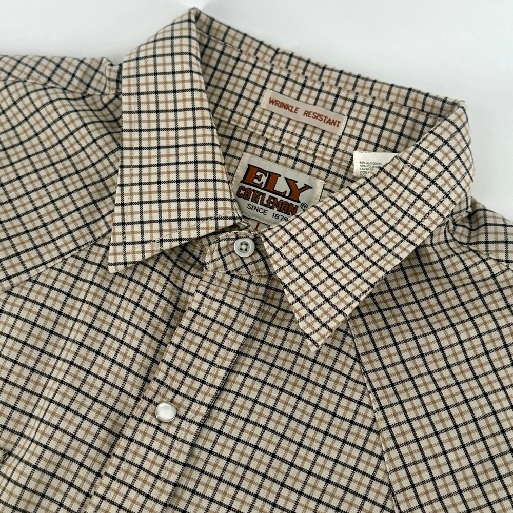 Ely Cattleman Shirt Men L Tan Plaid Regular Fit Western Pearl Snap Short Sleeve